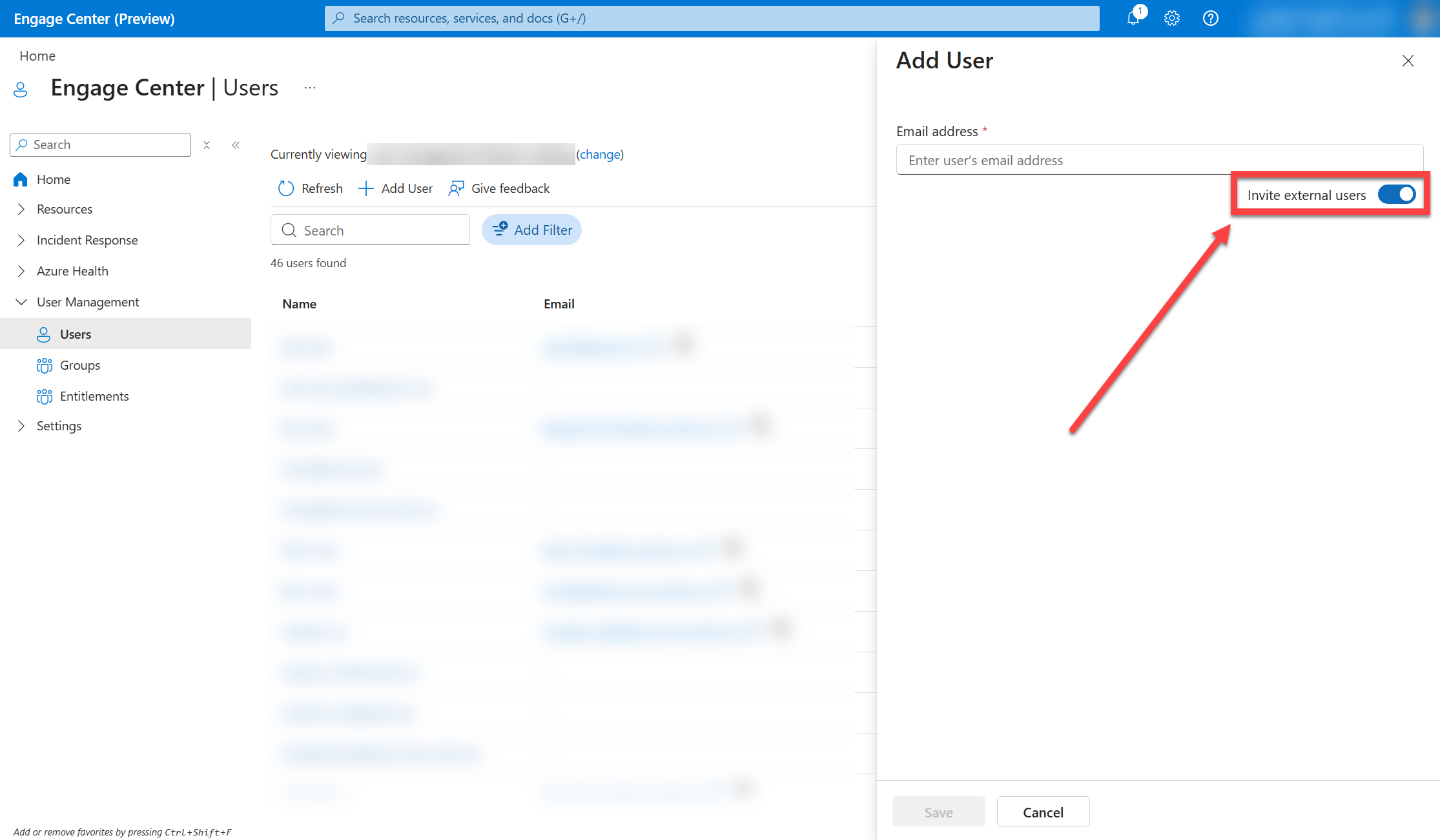 The Add user pane with the Invite external users option selected.