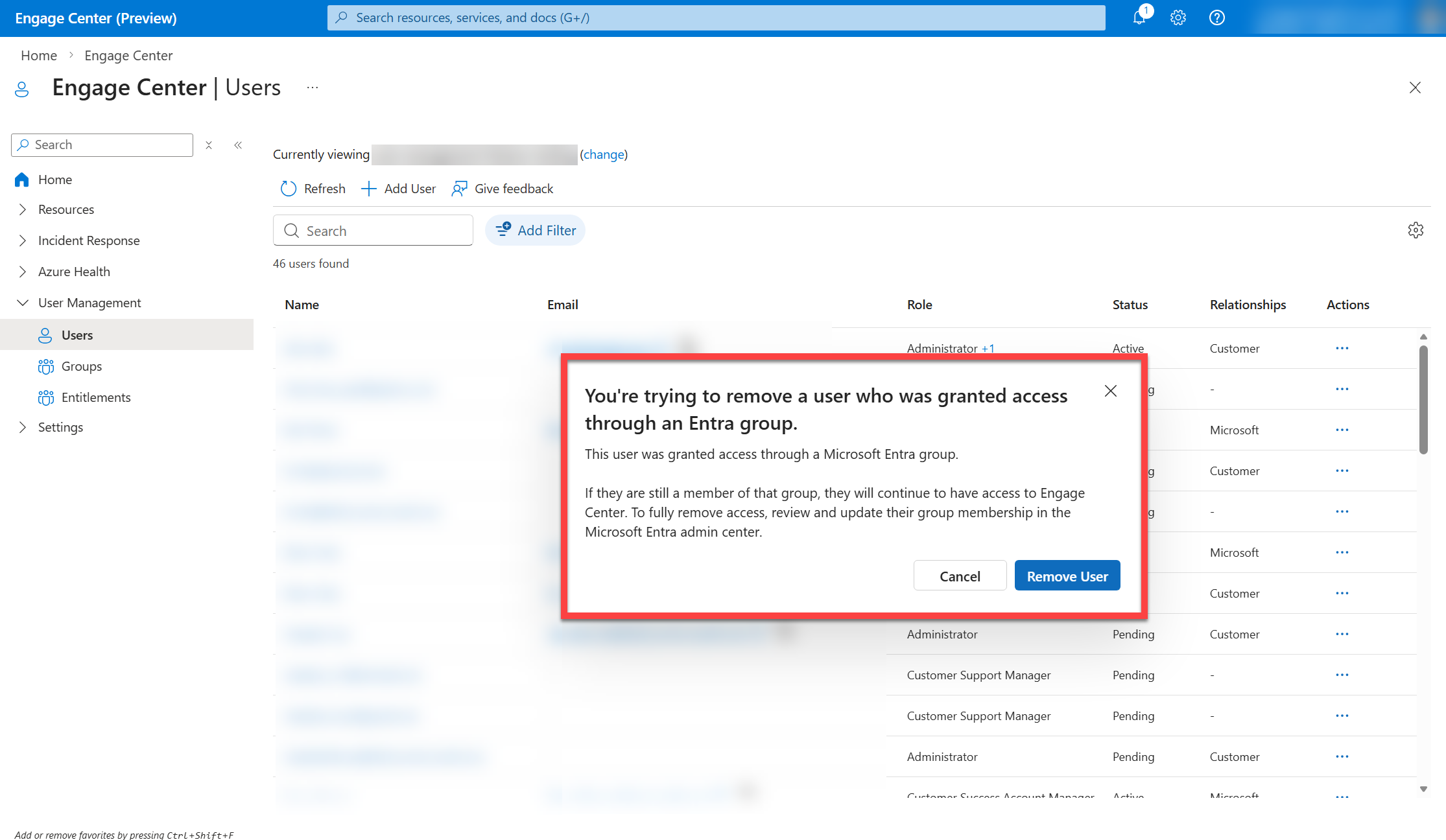 The remove a user dialogue box in User Management with the Entra group note.