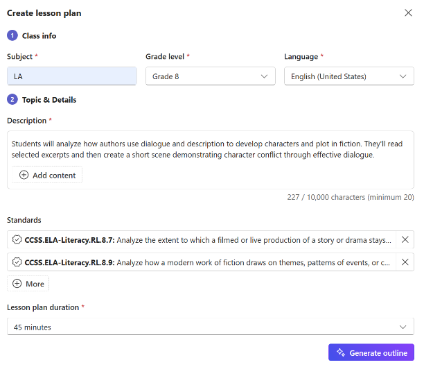 Screenshot of a draft lesson plan in Microsoft Teams with sections for overview, standards, objectives, and materials. An AI editing panel is visible on the right, with tone and length options and suggestions for improvement.