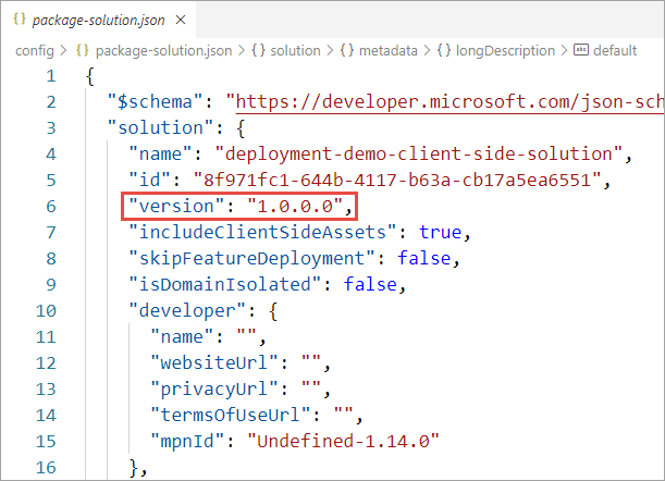 Screenshot of package-solution.json.