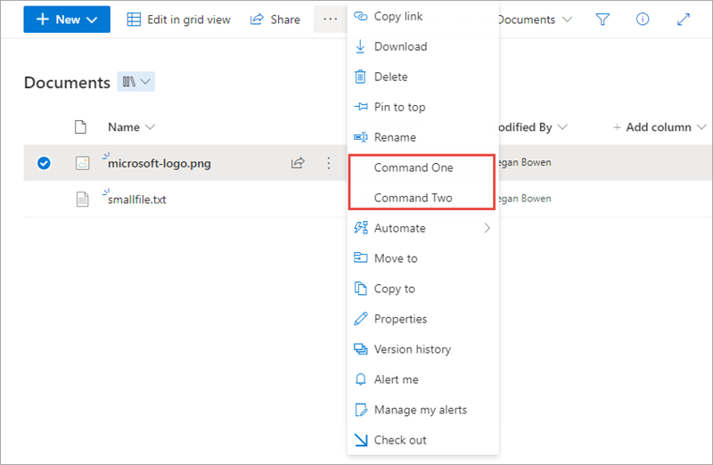 Screenshot of the updated document library command bar.