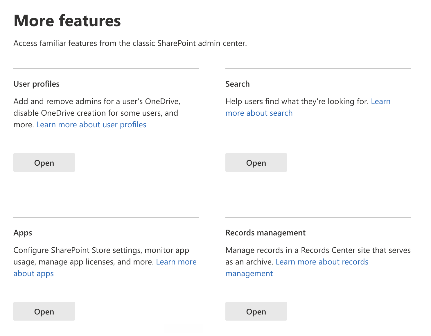 Screenshot of the SharePoint admin center - More Features.