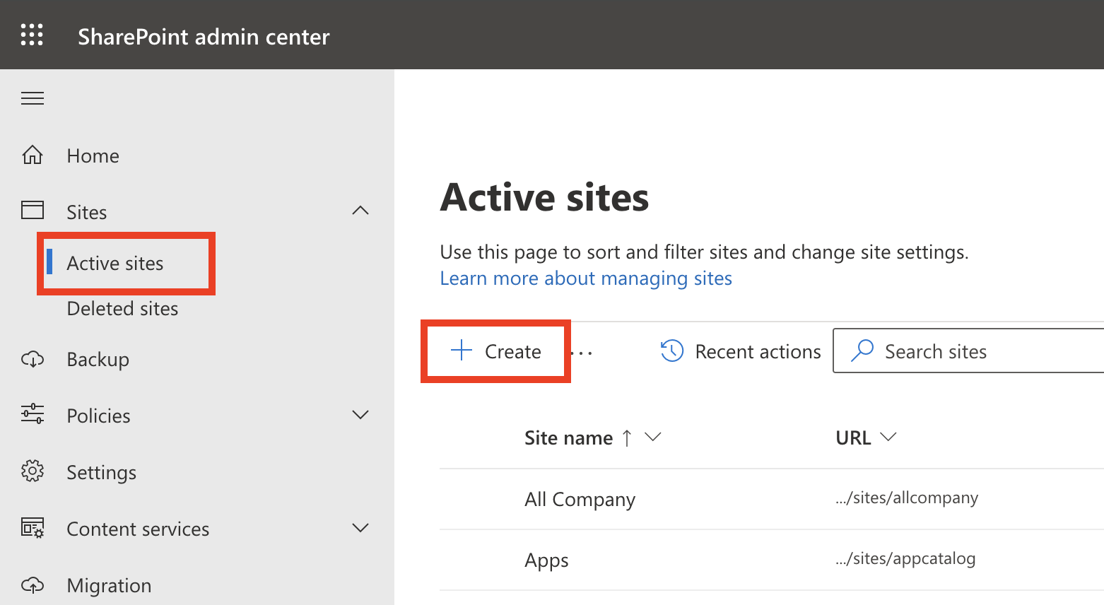 Screenshot of the Active sites list.