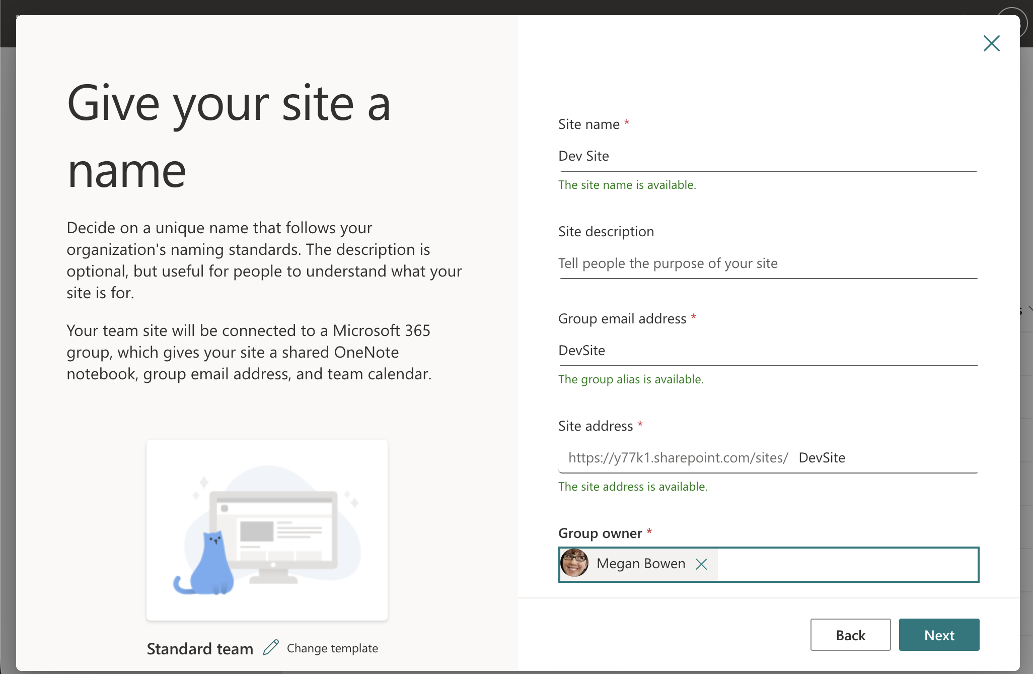 Screenshot of the Give you site a name panel.