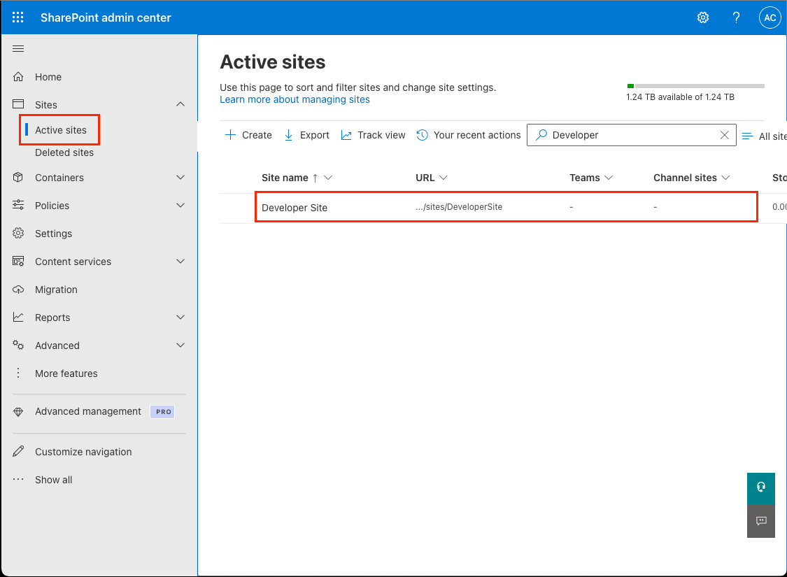 Screenshot of the Active sites list - Created site.