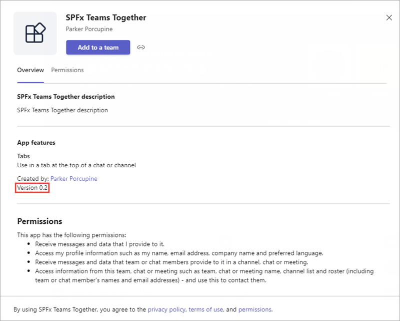 Screenshot of the SPFx Teams Together dialog.