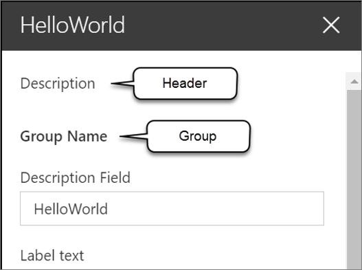 Screenshot of a property pane with callouts.