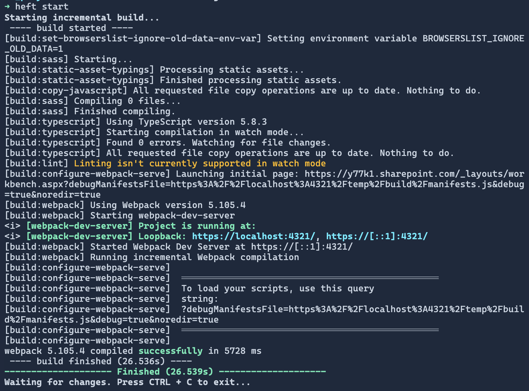 Screenshot of the heft start output.
