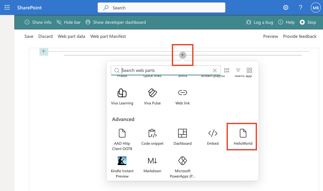 Screenshot of adding the HelloWorld web part.