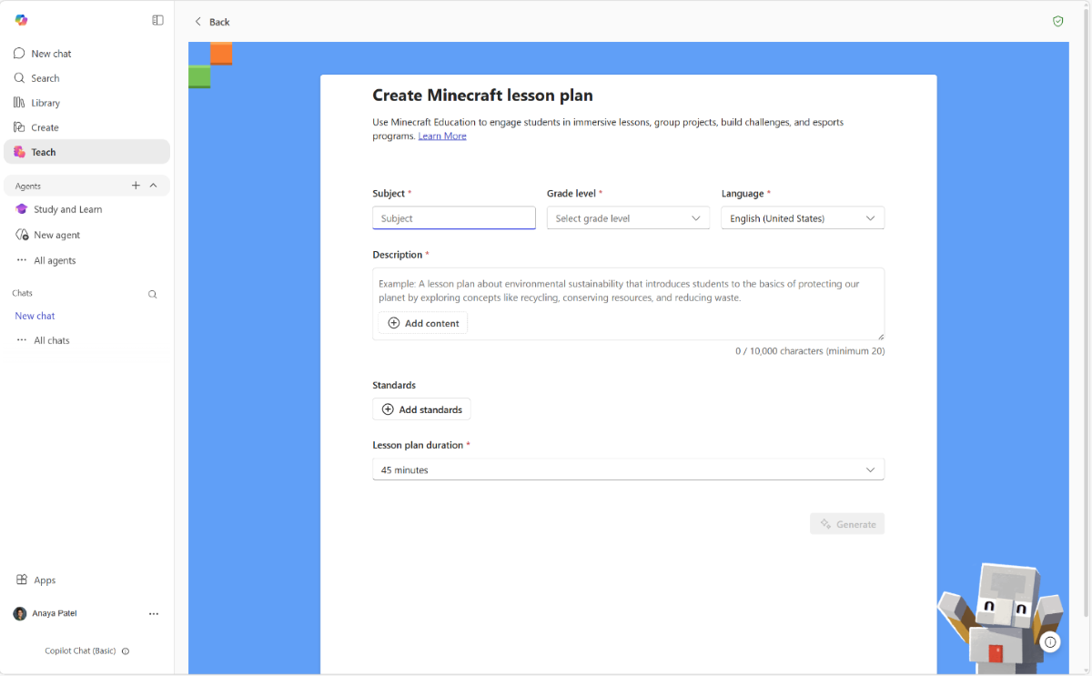 Screenshot of the Create Minecraft lesson plan screen in Teach.