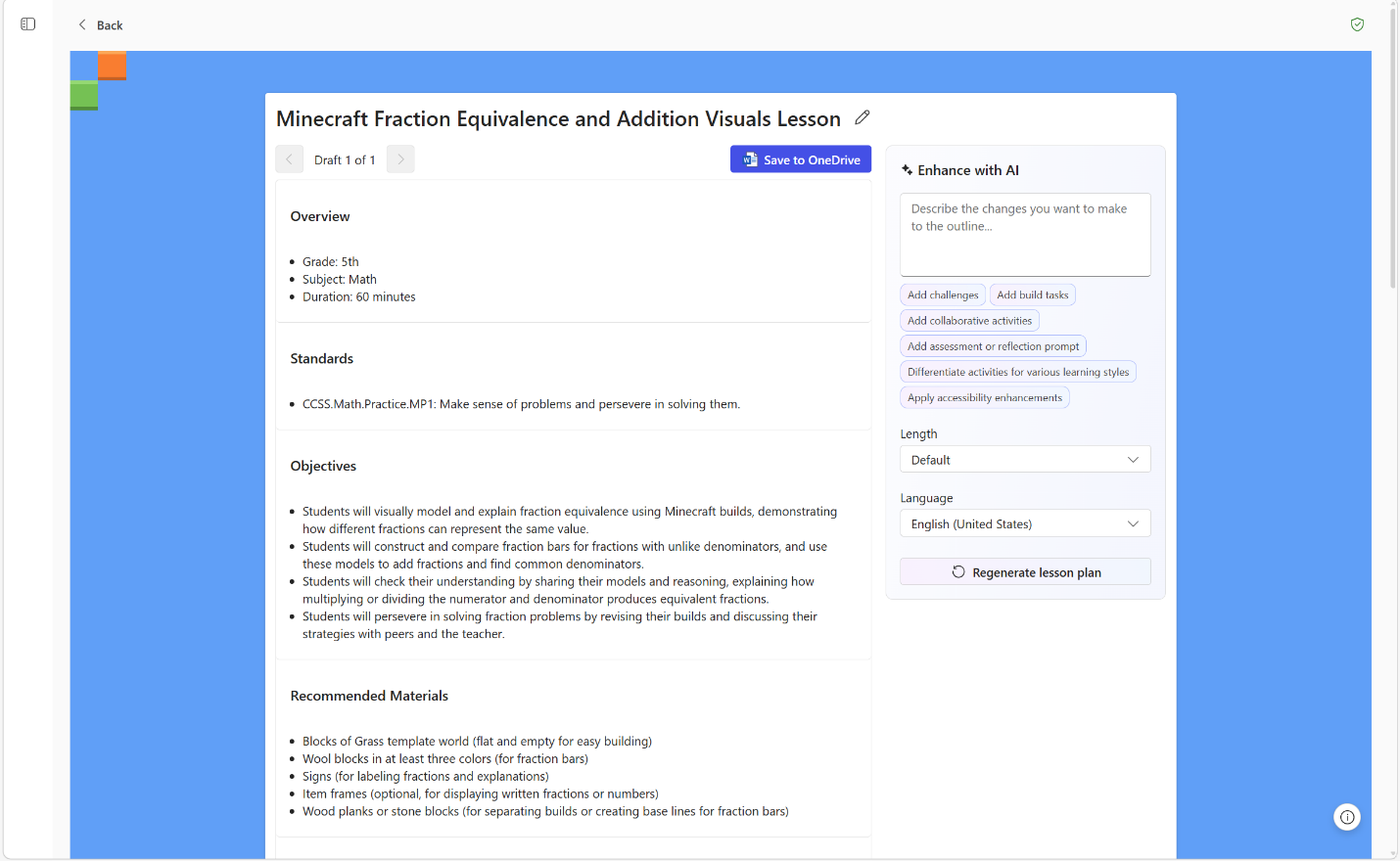 Screenshot of a draft Minecraft lesson in Teach.