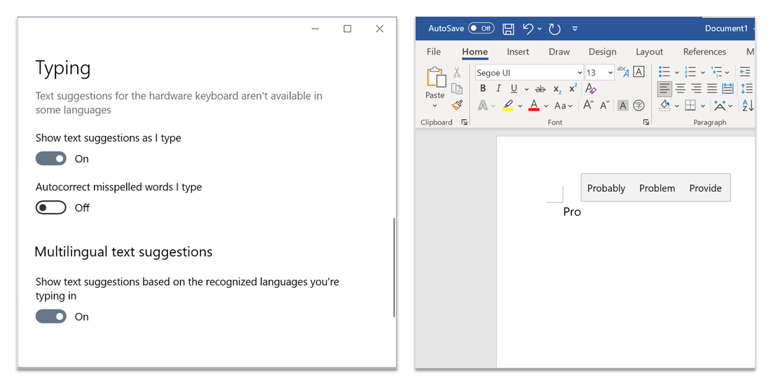 Screenshots of text suggestions easing frustration for writers.