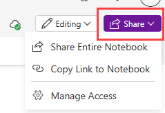 Screenshot of OneNote share button.