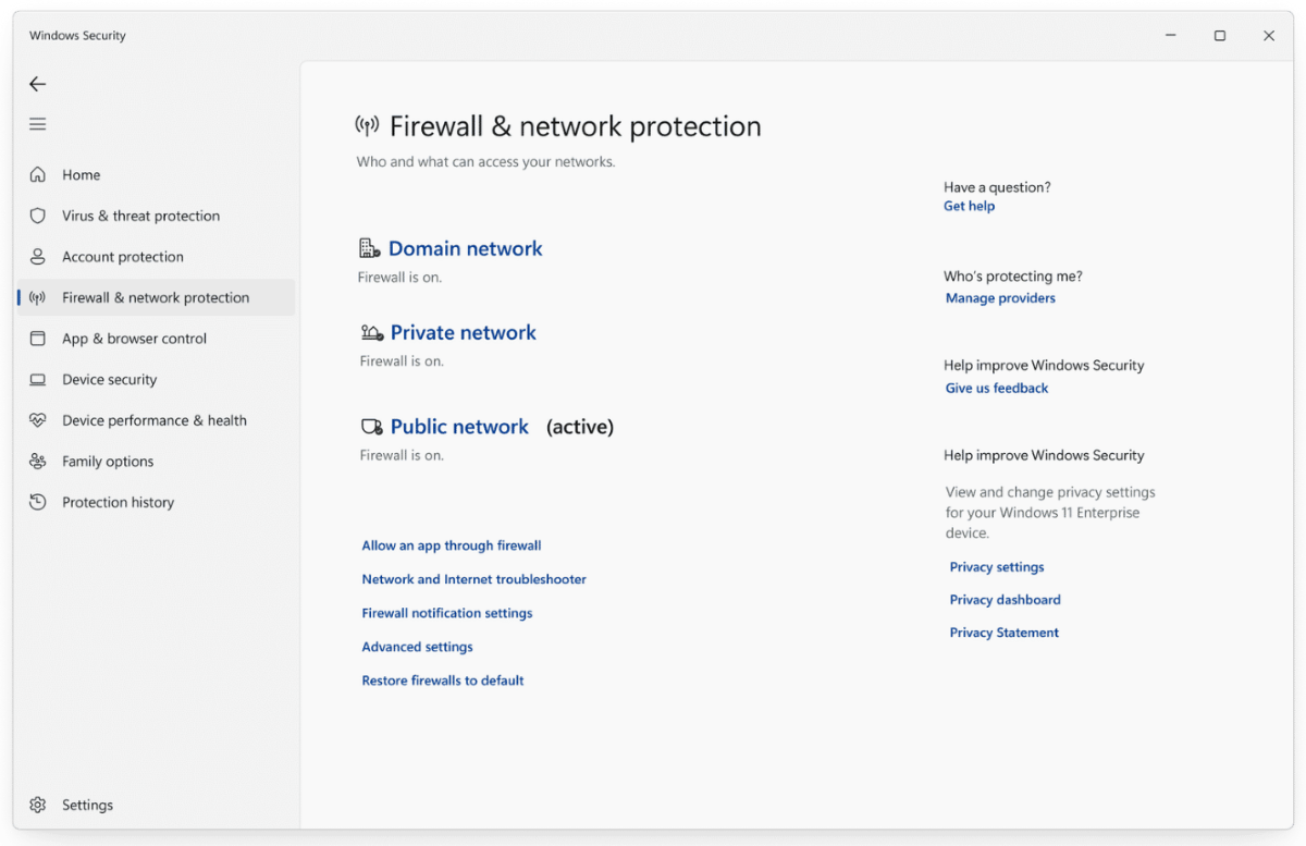 A screenshot of Windows Security Firewall and network protection interface.