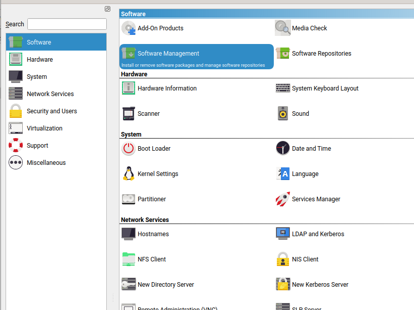 Screenshot of the YaST control center graphical interface.