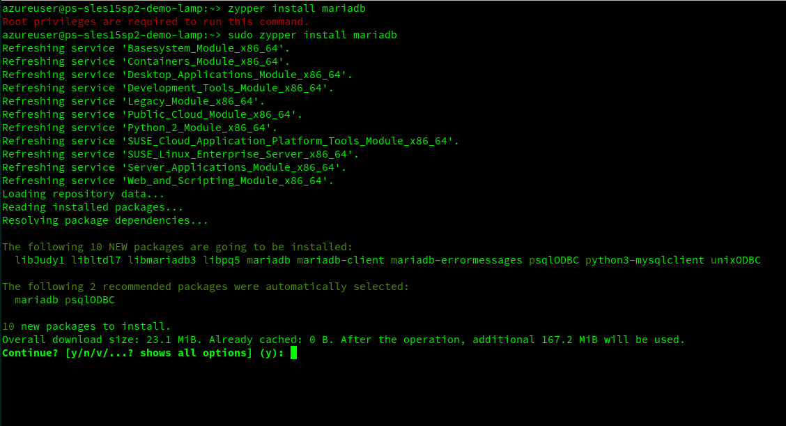Screenshot of console output of zypper installing Maria D B with an error.