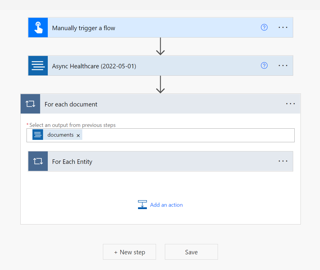 Screenshot of a flow using Text Analytics for health.