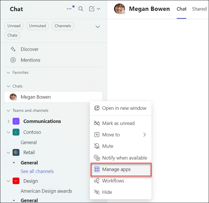 Screenshot showing a Microsoft Teams chat and the drop-down menu with the Manage apps option highlighted.