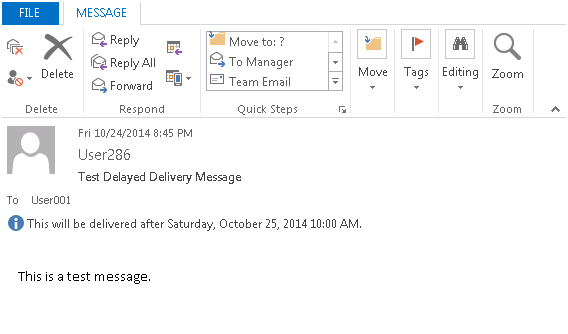 Screenshot of delayed delivery message without the Send button.
