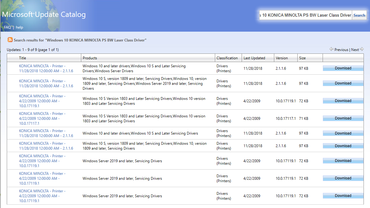 Screenshot of the search result for Windows 10 KONICA MINOLTA PS BW Laser Class Driver in Microsoft Update Catalog.