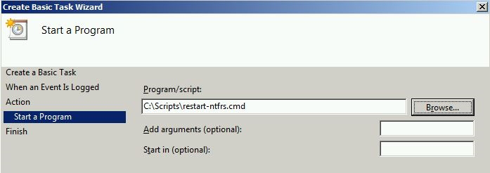 Screenshot of the Create Basic Task Wizard window with Start a Program selected.
