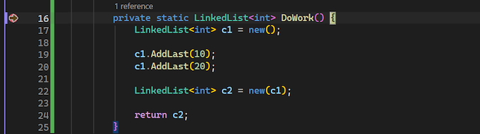 Screenshot that shows the debugger paused on a set breakpoint in Visual Studio.