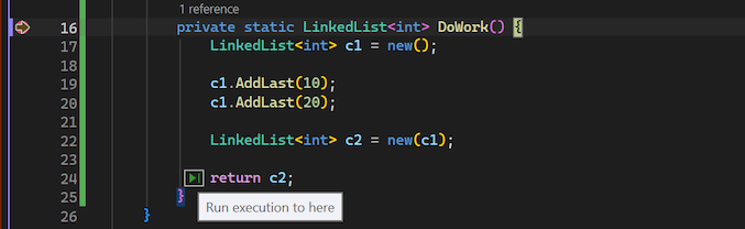 Screenshot that shows how to work with the Run to click action in the Visual Studio debugger.