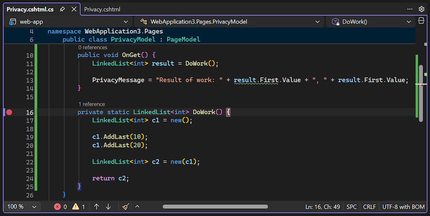 Screenshot that shows how to set a breakpoint in the Visual Studio debugger.