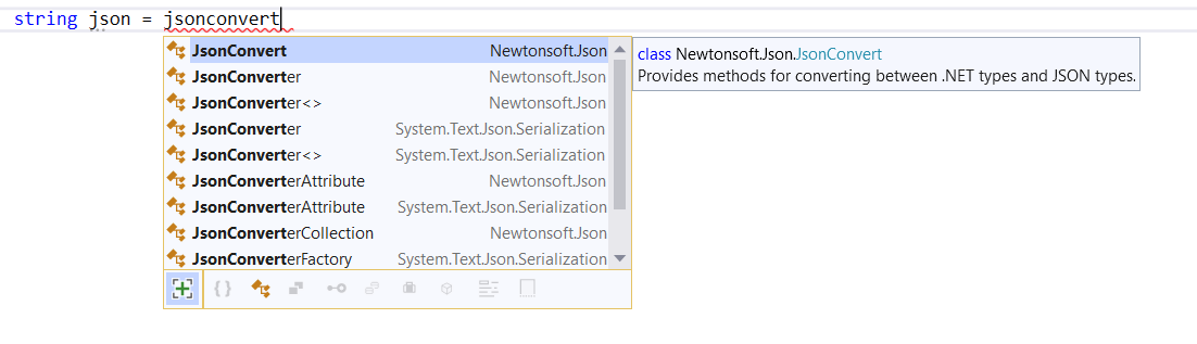 Screenshot of IntelliSense completion for unimported types.