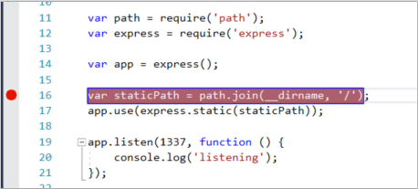 Screenshot of the Visual Studio Code window showing JavaScript code. A red dot in the left gutter indicates that a breakpoint is set.