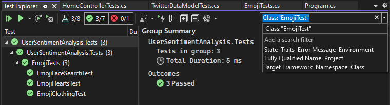 Screenshot of filter tests in Test Explorer.