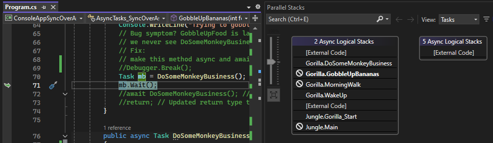 Screenshot of Tasks view after selecting Break All.