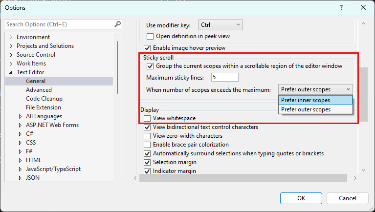 Screenshot of the inner and outer scope options for Sticky Scroll.