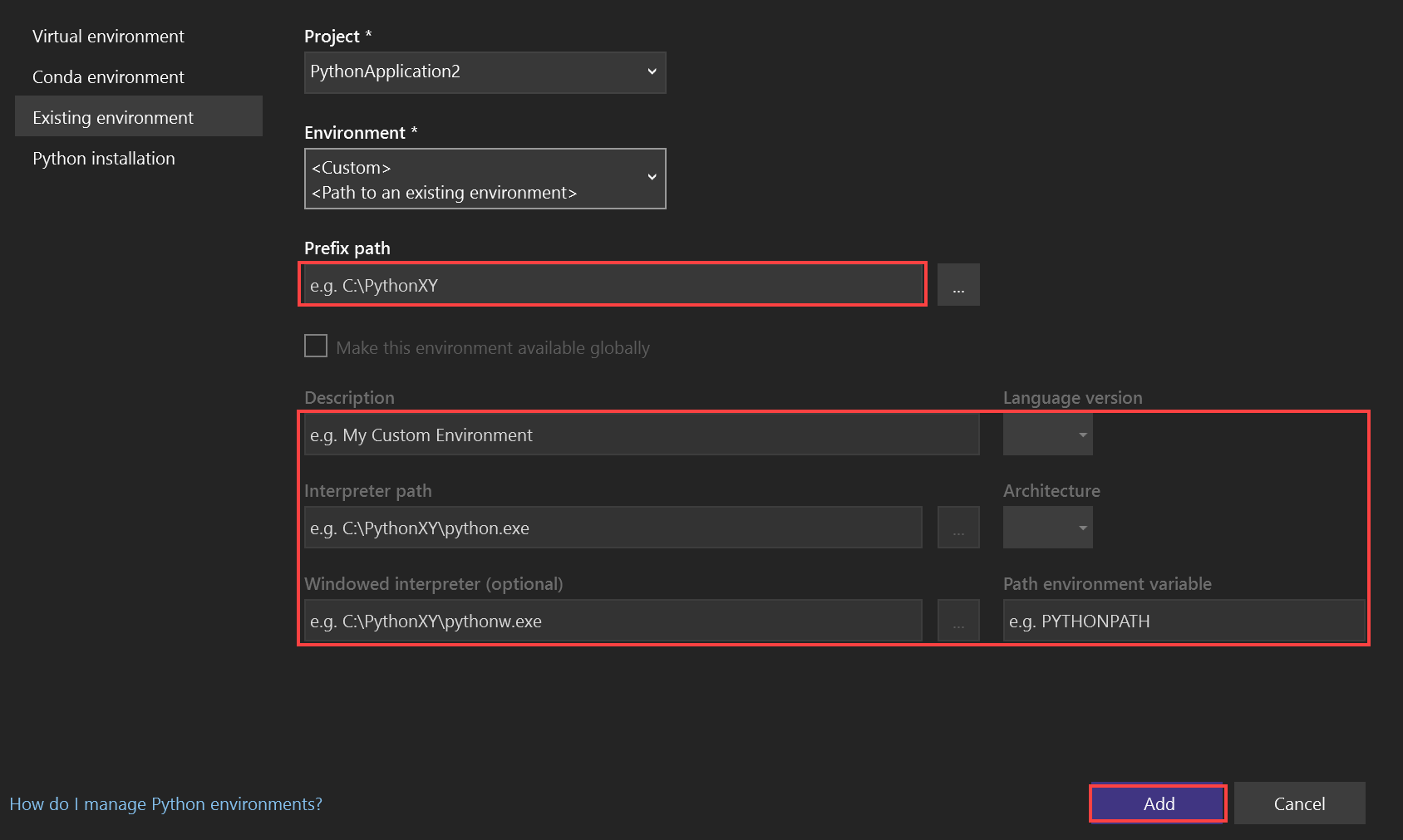 Screenshot that shows how to specify details for a custom environment in the Add environment dialog.