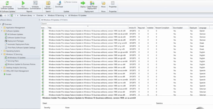 Screenshot of selecting and deploying Windows Insider pre-release feature Update for Windows 10 version 1909 from All Windows 10 Updates.