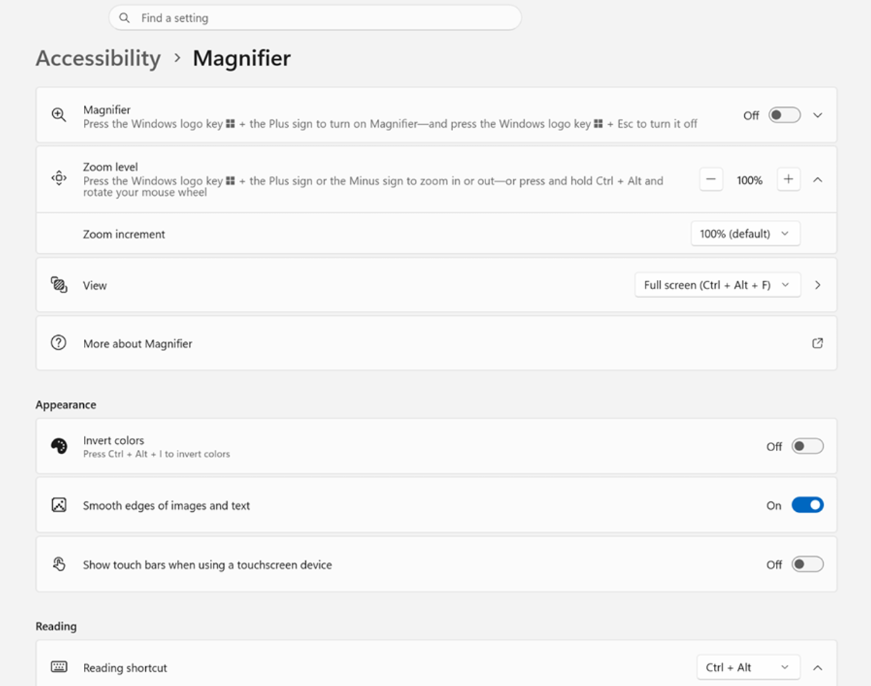 Screenshot that shows UI for Magnifier settings where touch panning bars are off by default.