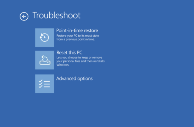 Point-in-time restore shown in the Troubleshoot menu for Windows RE. Screenshot that shows the Point-in-time restore option shown in the Troubleshoot menu for Windows RE.