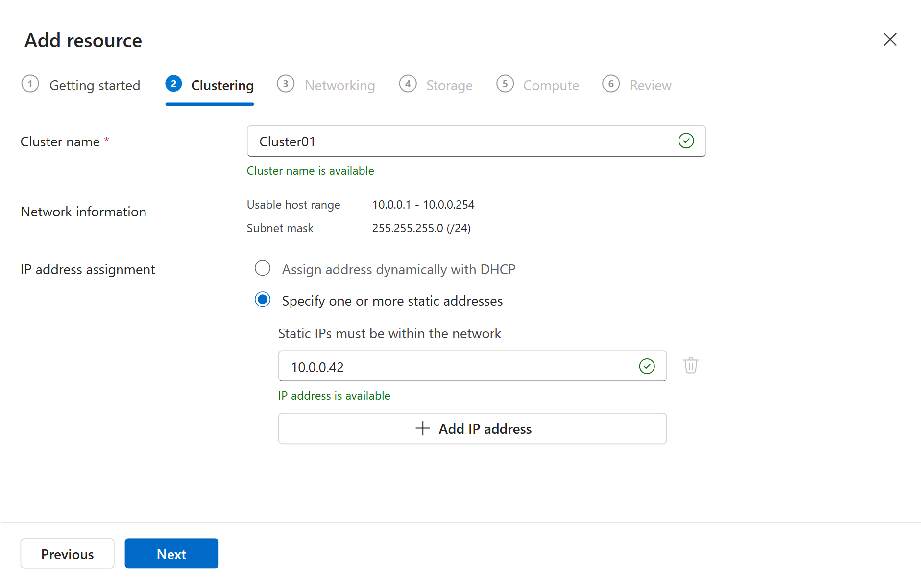 Screenshot of the Virtualization Mode Add Resource wizard Clustering tab showing the cluster name field, network information, and static IP address assignment.