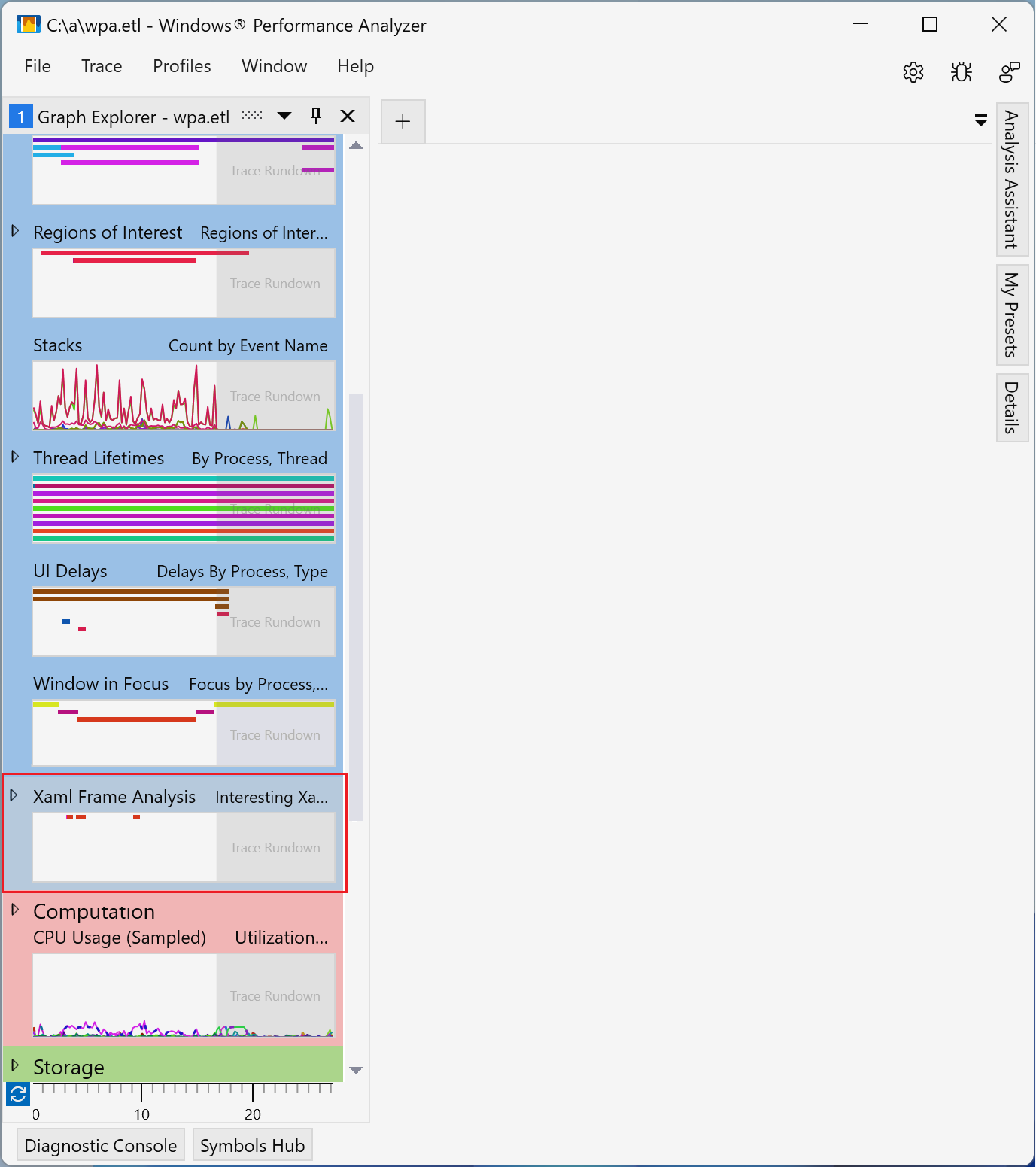 Screenshot of the Windows Performance Analyzer showing the XAML Frame Analysis table at the bottom of the System Activity section.