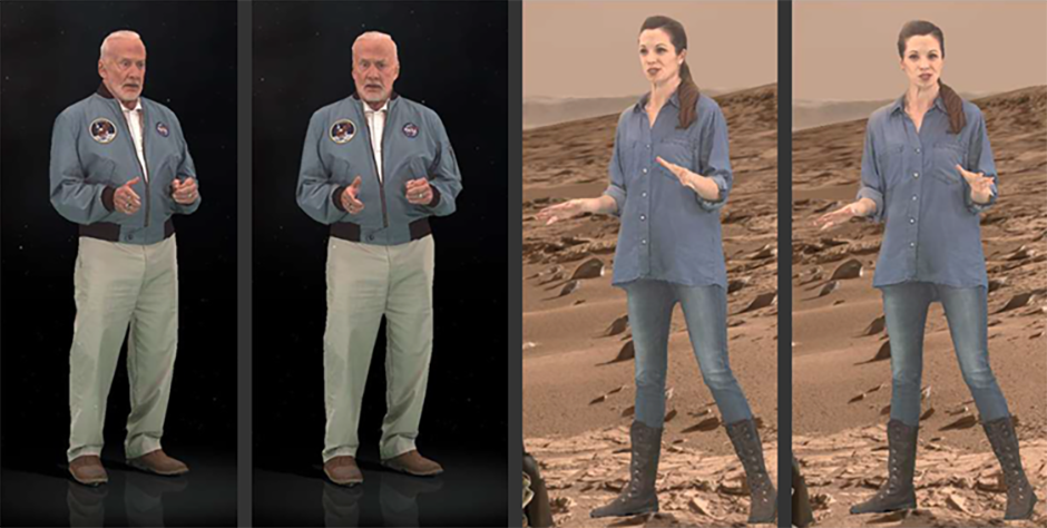 The virtual narrators turn to follow a user's movement, creating a powerful focal point throughout the experience.