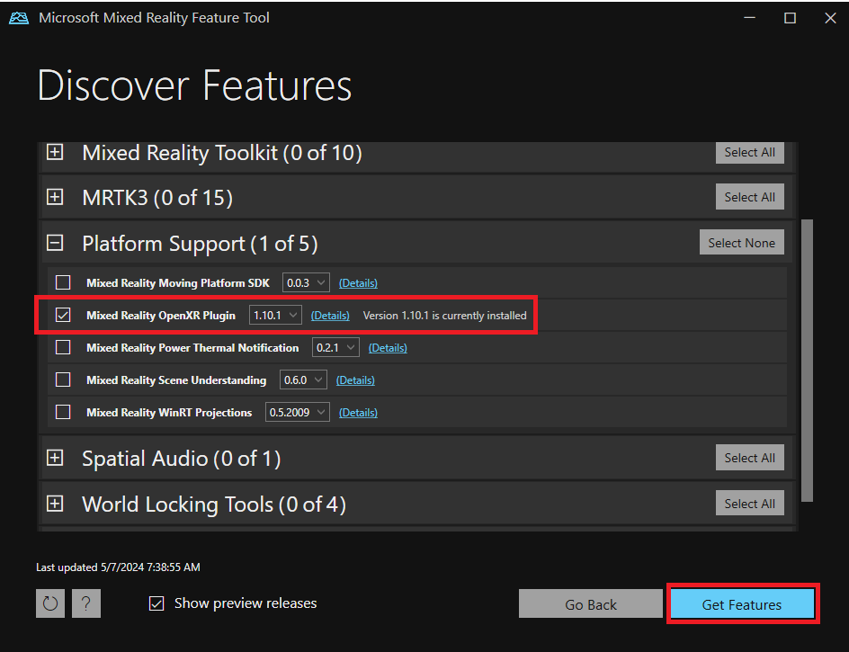 Mixed Reality Feature Tool OpenXR Plugin Feature Selected