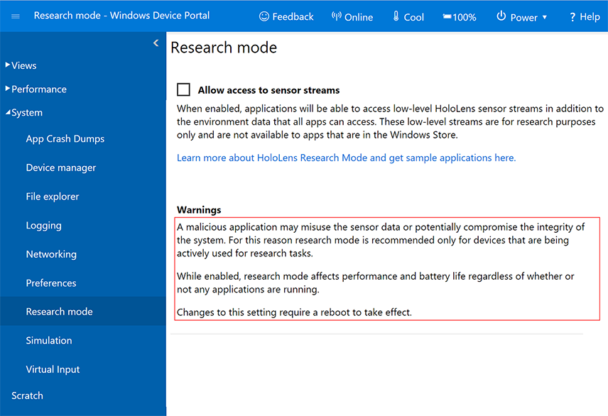 Research Mode tab of HoloLens Device Portal