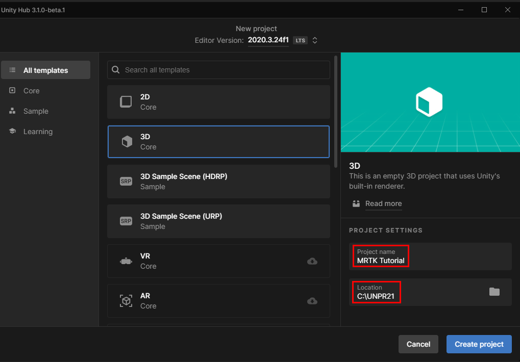 Screenshot of Unity Hub with 3D, Project Name, Location, and Create highlighted.