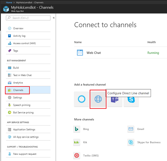 Screenshot that shows the Configure Direct Line channel highlighted in MyHoloLensBot.