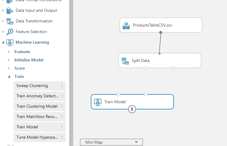 Screenshot of the Experiment Canvas, which shows a connection drawn between Products Table C S V dot c s v and Split Data, with Train Model below.