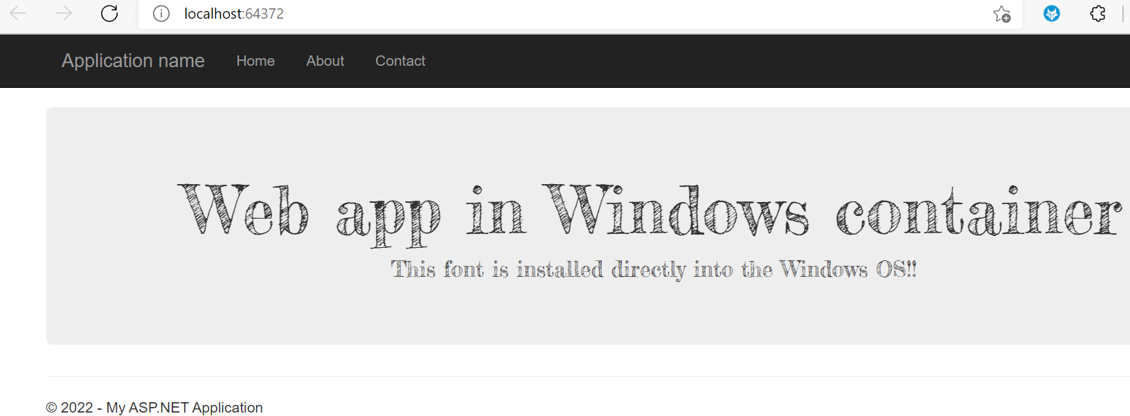 Screenshot that shows the web app running in a Windows container.