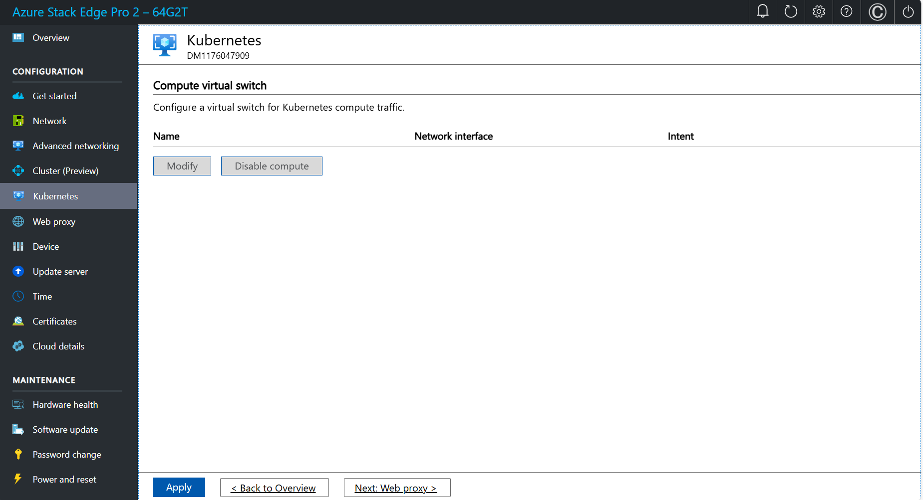 Screenshot of the Kubernetes page of the local UI for one node cluster.