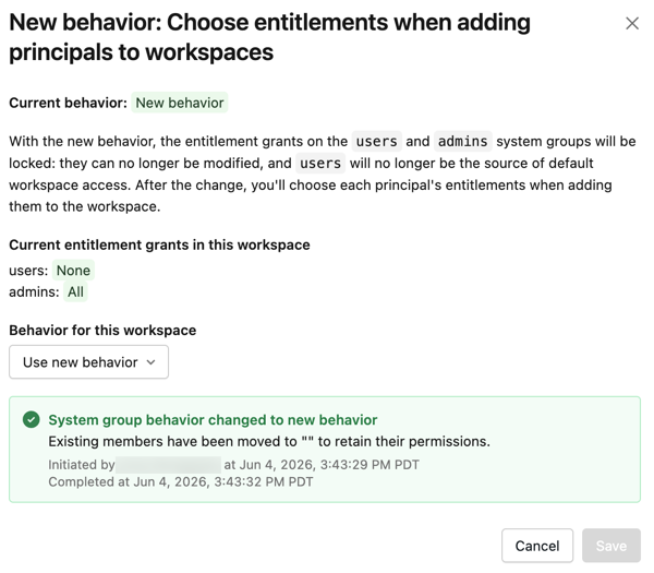 Manage dialog confirming the migration, with users set to no entitlements and admins set to all.