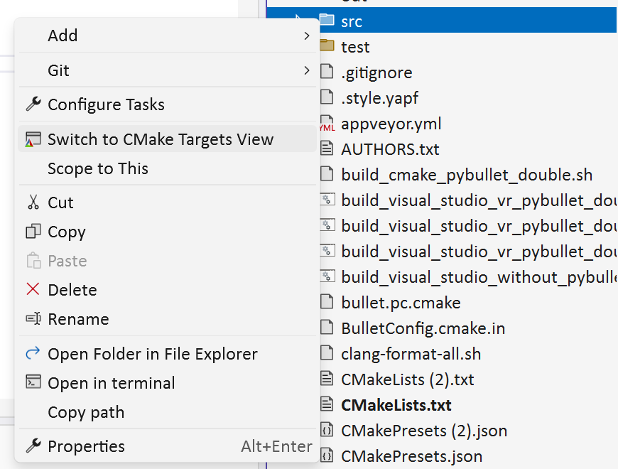 A screenshot of right-clicking a file or folder in the Solution explorer. The context menu item to Switch to CMake Targets View is visible.