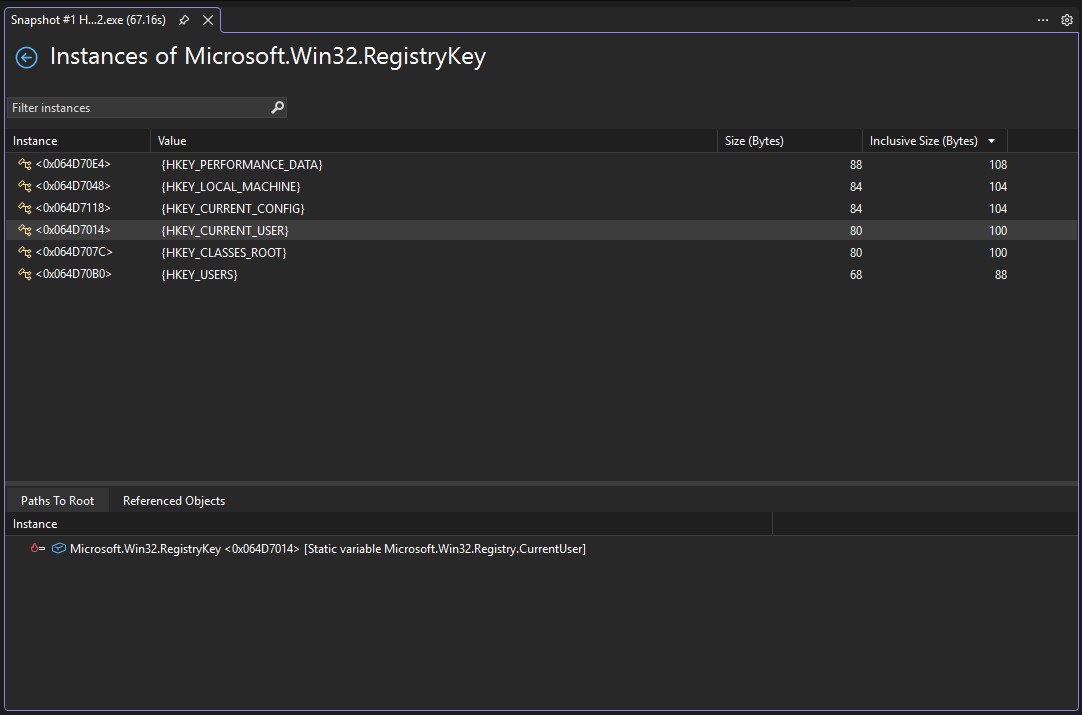 Instances view in the Memory Usage tool Screenshot of the Instances view in the Memory Usage tool.